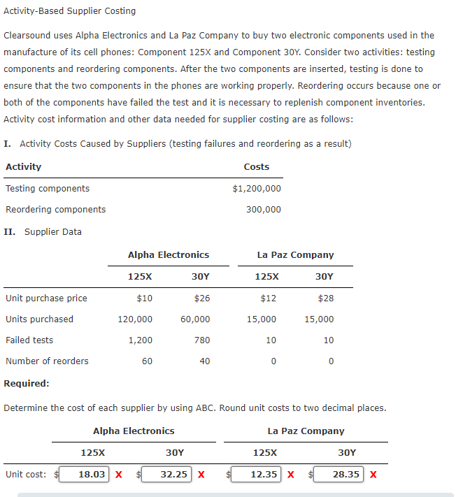 Activity-Based Supplier Costing Clearsound uses Alpha Electronics and La Paz Company to