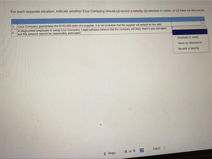  For each separate situation, indicate whether Cruz Company should (a) record