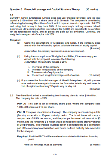  Question 3 Financial Leverage and Capital Structure Theory (30 marks) 3.1