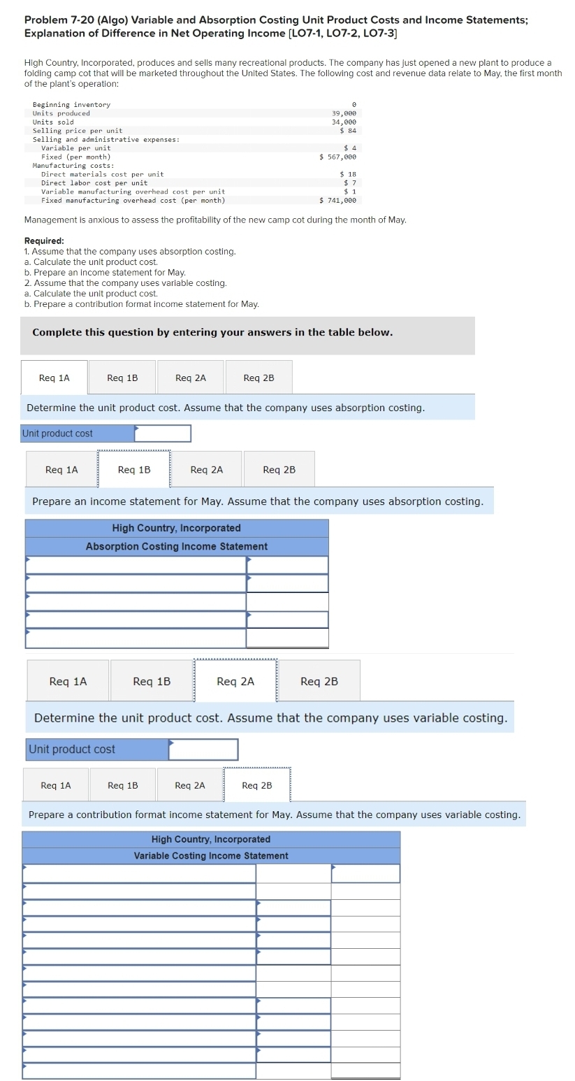 Problem 7-20(Algo) Variable and Absorption Costing Unit Product Costs and Income