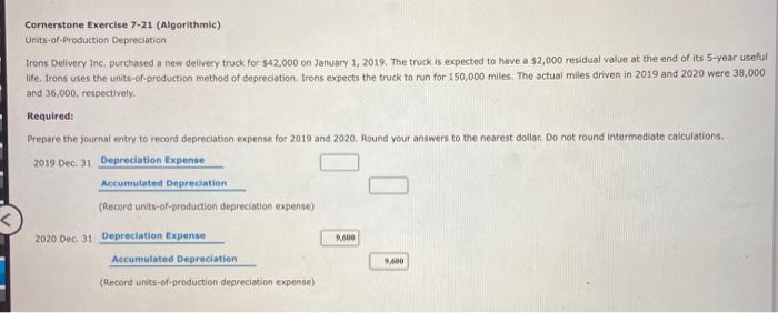  Cornerstone Exercise 7-21 (Algorithmic) Units-of-Production Depreciation Trons Delivery Inc. purchased a