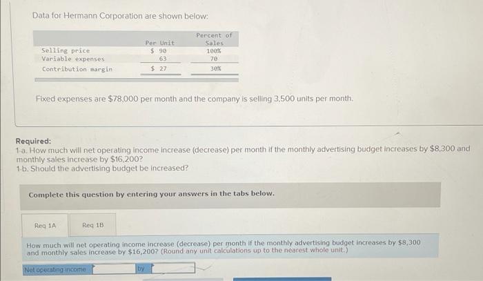  Data for Hermann Corporation are shown below: Selling price Variable expenses