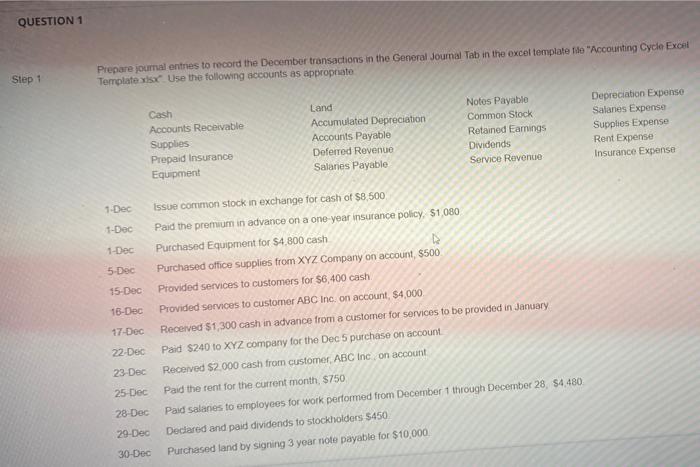  QUESTION 1 Step 1 Prepare journal entries to record the December