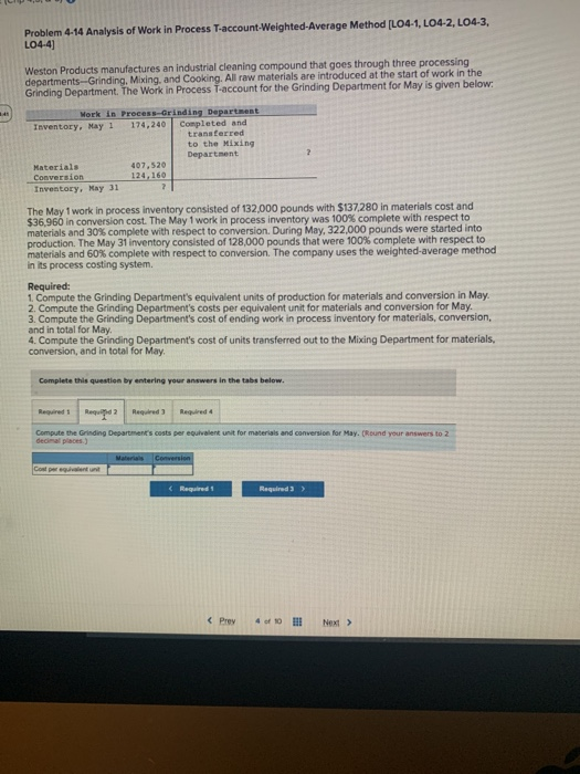 in Process T-account-Weighted Average Method [LO4-1, LO4-2, LO4-3, LO4-4) Weston Products manufactures