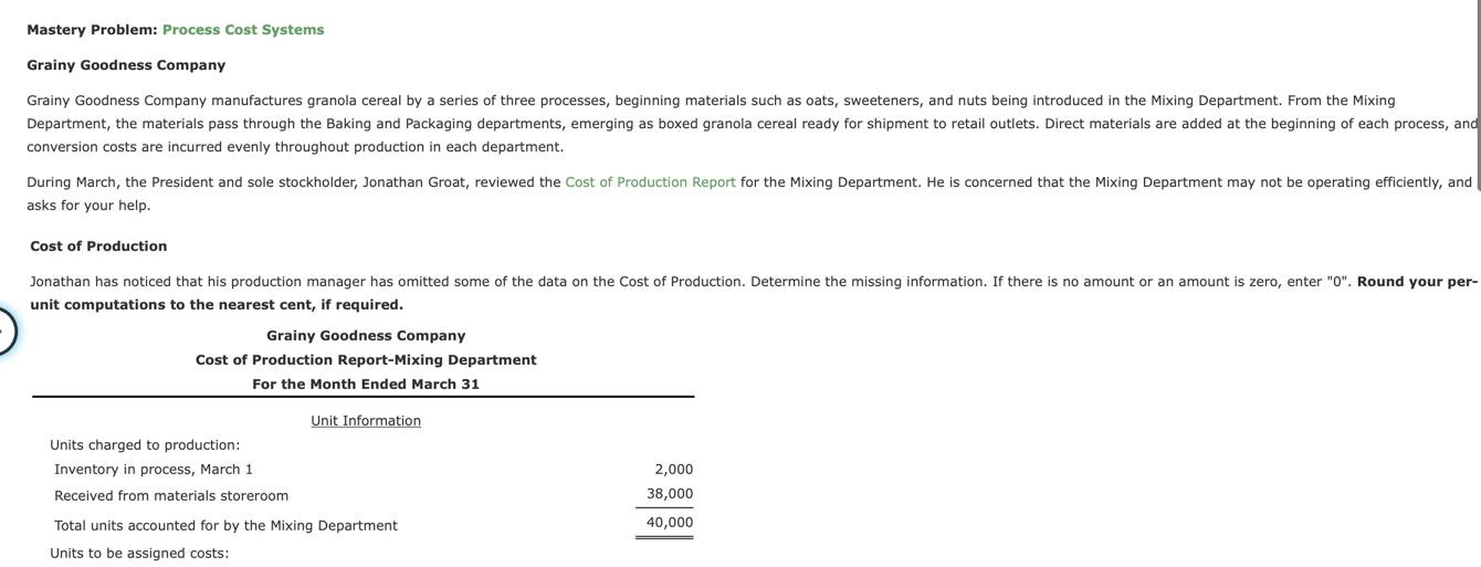 Mastery Problem: Process Cost Systems Grainy Goodness Company Grainy Goodness Company manufactures