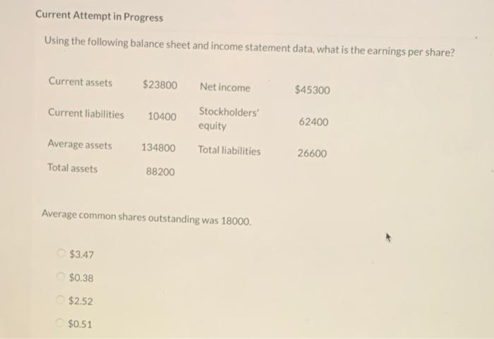  Current Attempt in Progress Using the following balance sheet and income