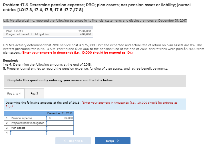  Problem 17-9 Determine pension expense; PBO; plan assets; net pension asset