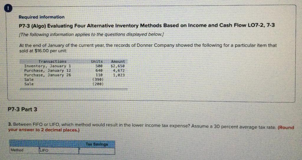 ! Required information P7-3 (Algo) Evaluating Four Alternative Inventory Methods Based