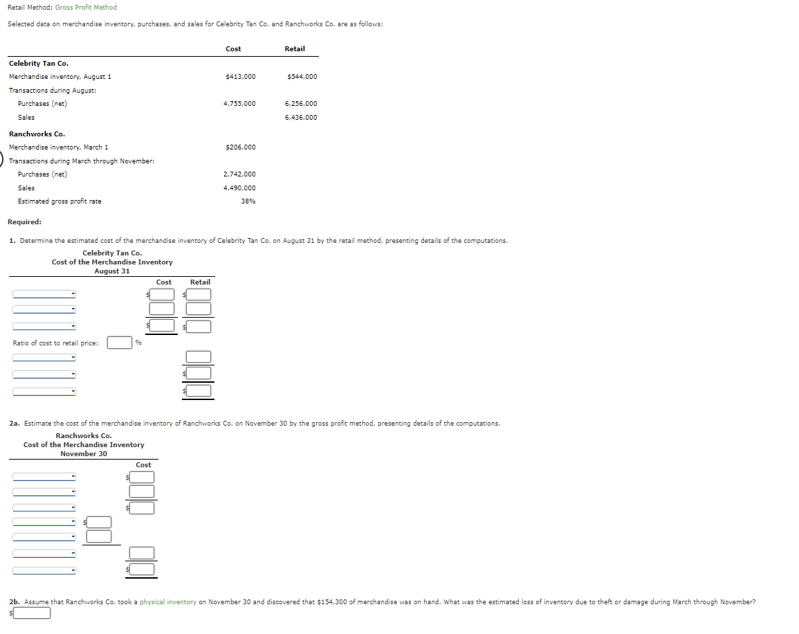 1)2) Retail Method: Gross Profit Method Selected data on merchandise inventory, purchases,