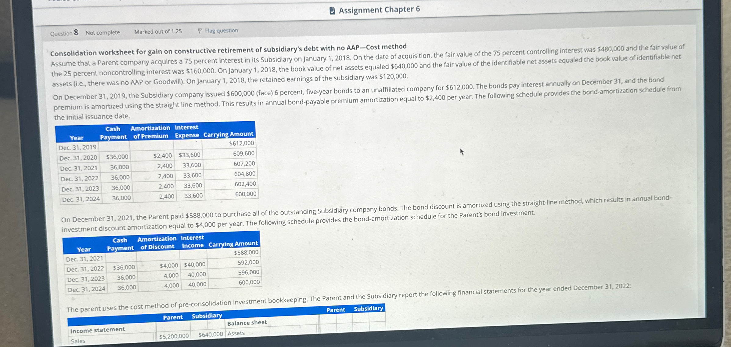  Assignment Chapter 6 Question 8 Not complete Marked out of 1.25