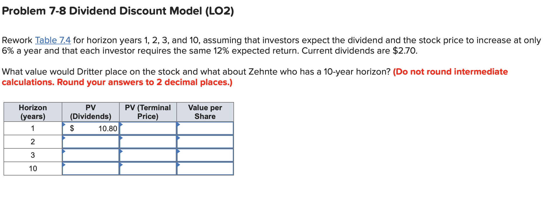 Problem 7-8 Dividend Discount Model (LO2) Rework Table 7.4 for horizon