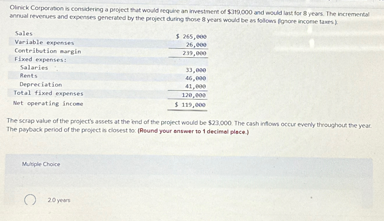  Olinick Corporation is considering a project that would require an investment