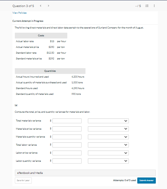  Current Attempt in Progress The following direct matarials and direct labor