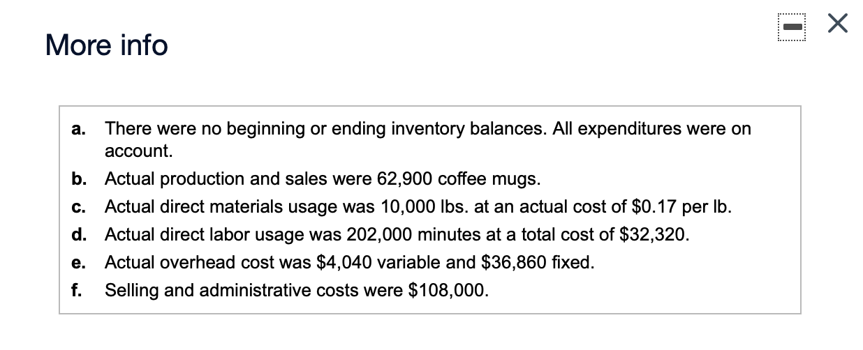 Materials (0.2 lbs @ $0.25 per lb) Direct Labor (3 minutes @