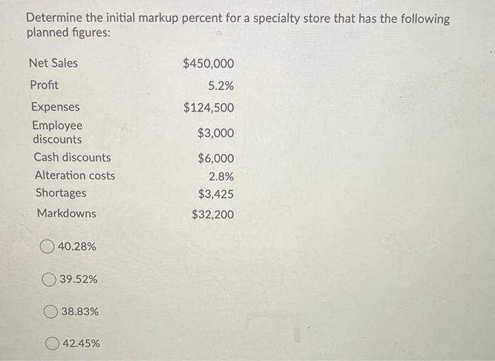  Determine the initial markup percent for a specialty store that has