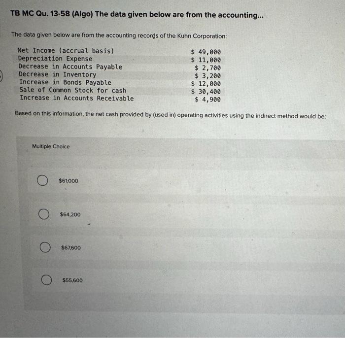  TB MC Qu. 13-58 (Algo) The data given below are from