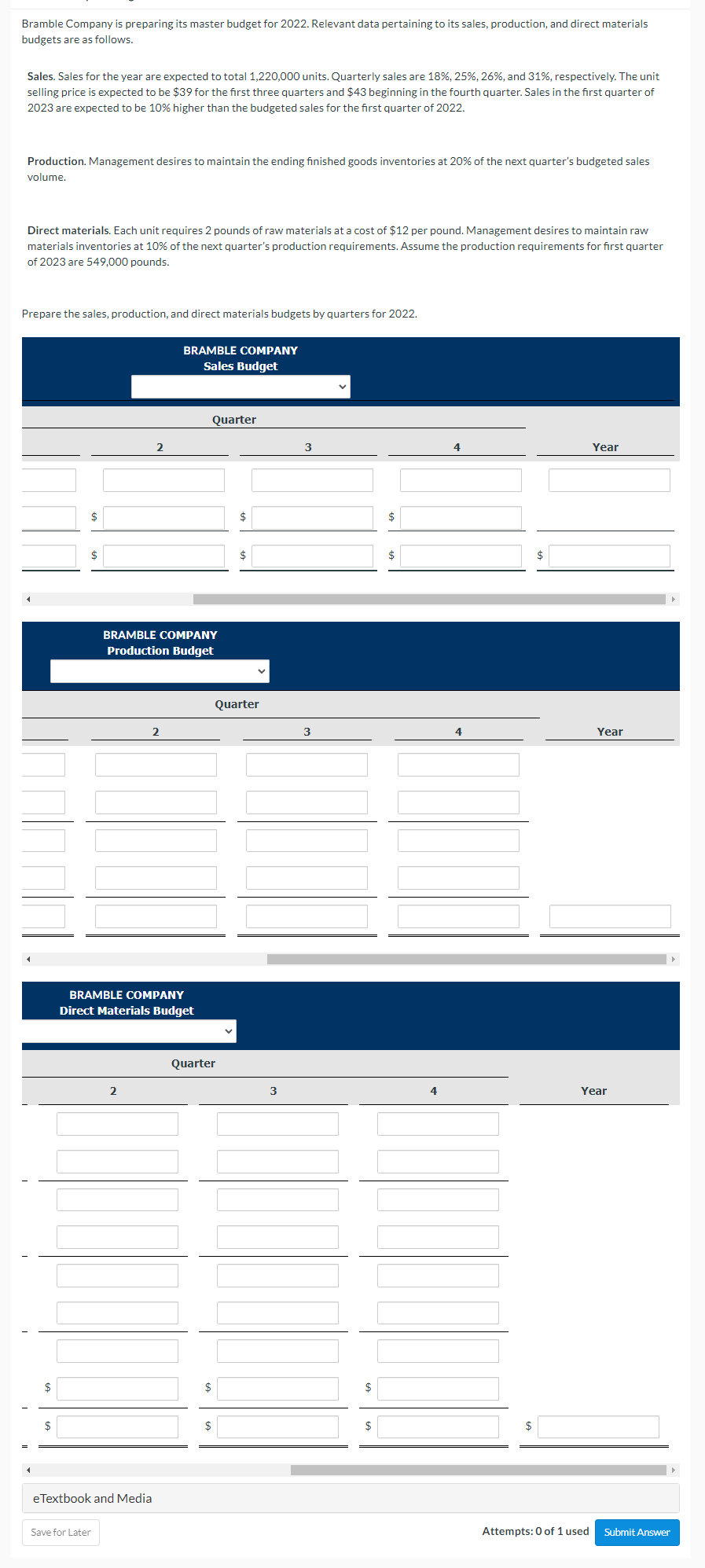 for 2022. Relevant data pertaining to its sales, production, and direct materials