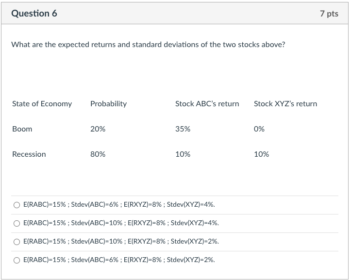  Question 6 7 pts What are the expected returns and standard