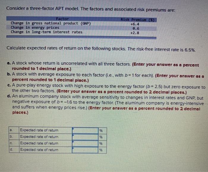  Consider a three-factor APT model. The factors and associated risk premiums
