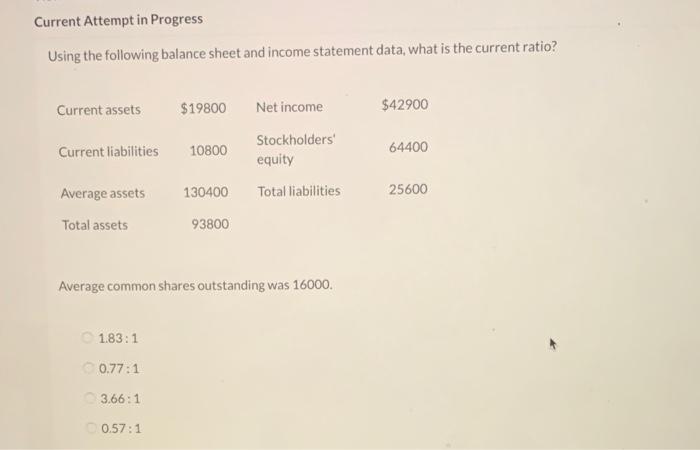  Current Attempt in Progress Using the following balance sheet and income