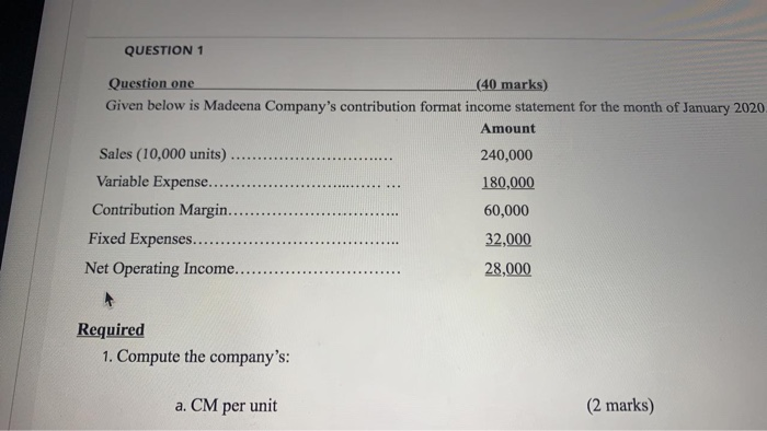  QUESTION 1 Question one (40 marks) Given below is Madeena Company's