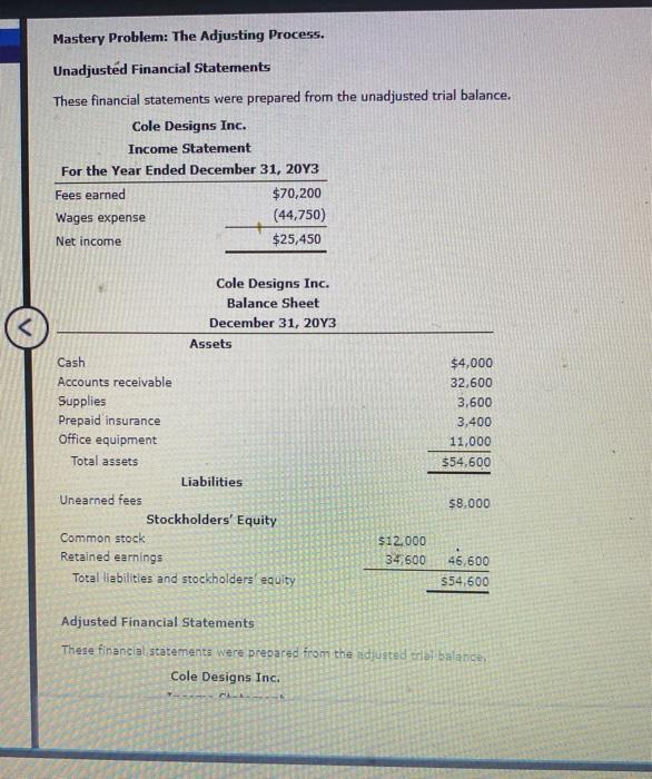  Mastery Problem: The Adjusting Process. Unadjusted Financial Statements These financial statements