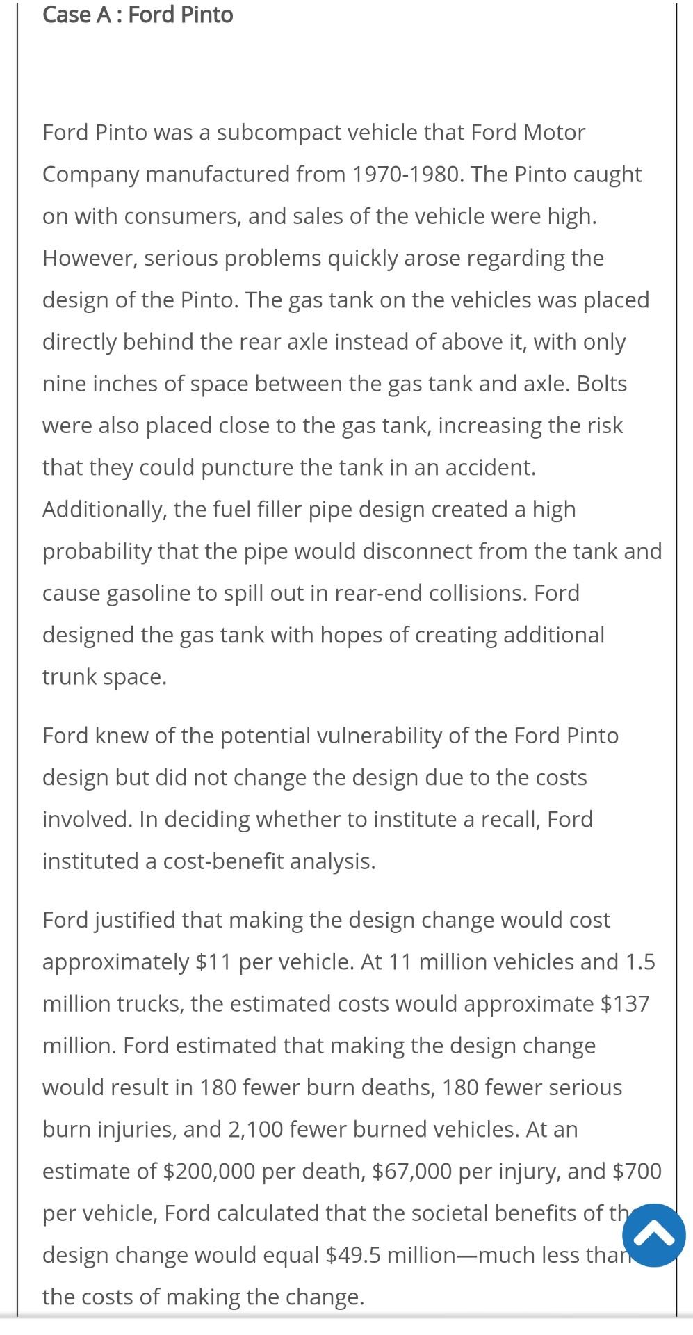 Case A : Ford Pinto Ford Pinto was a subcompact vehicle