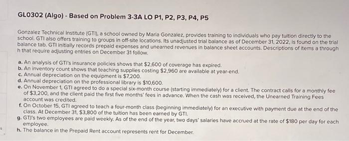  GLO302 (Algo) - Based on Problem 3-3A LO P1, P2, P3,