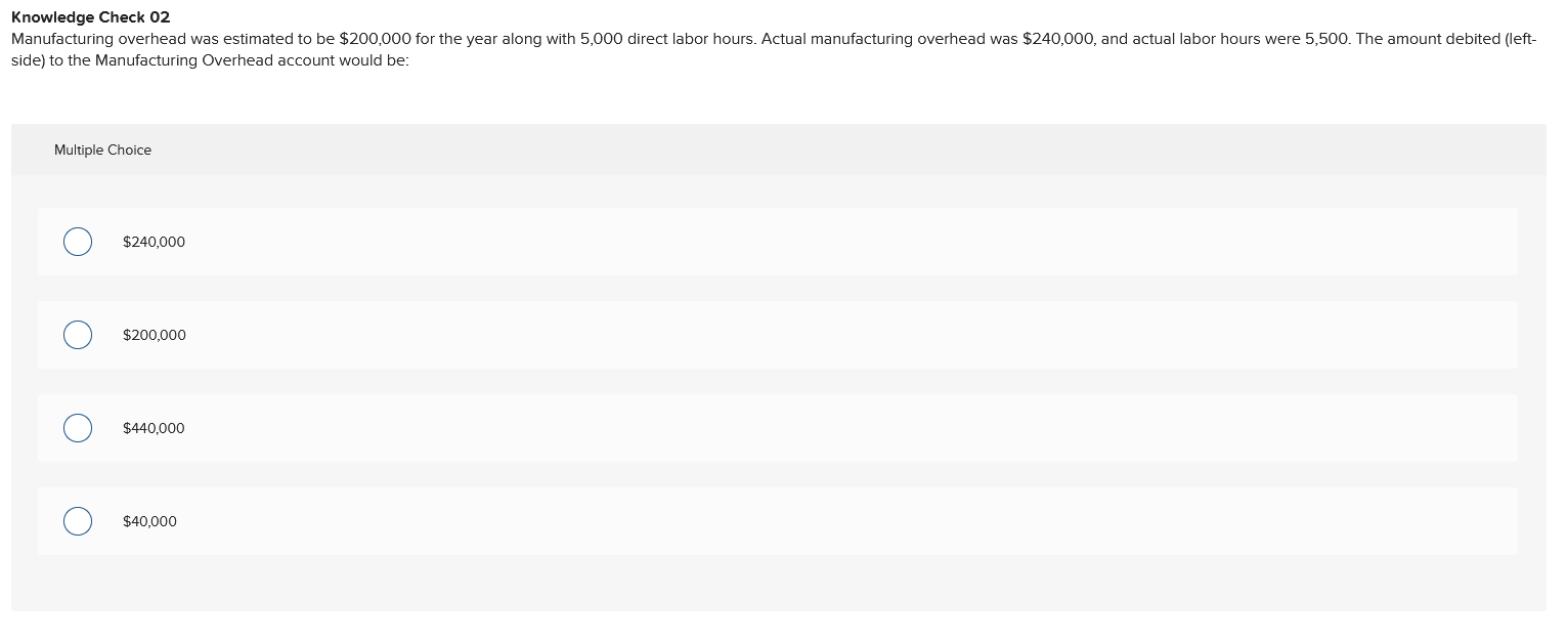  Knowledge Check 02 Manufacturing overhead was estimated to be $200,000 for