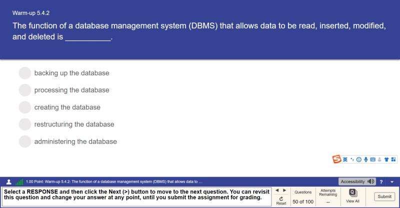  Warm-up 5.4.2 The function of a database management system (DBMS) that