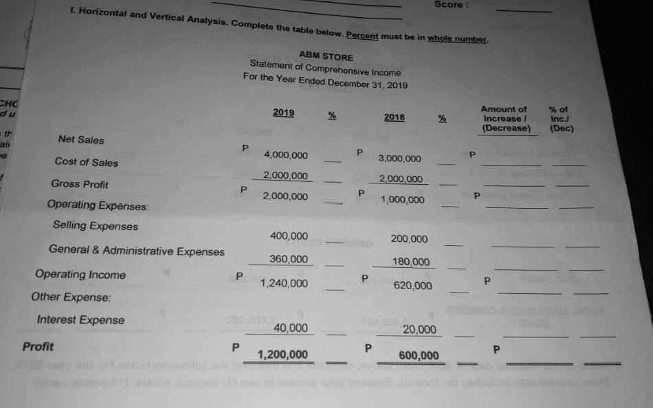Answer all the questions please Score : 1. Horizontal and Vertical