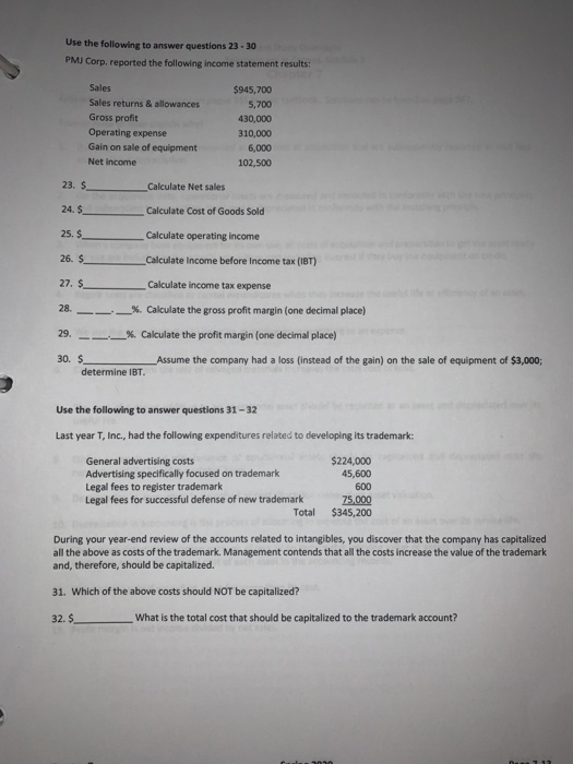  does this help Use the following to answer questions 23.30 PMI