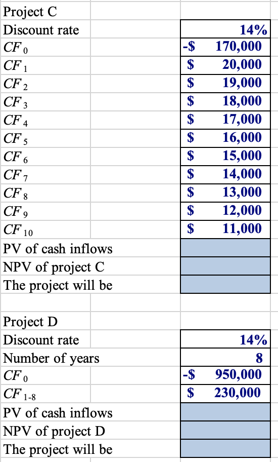 projects shown in the following table, and indicate whether each is acceptable.