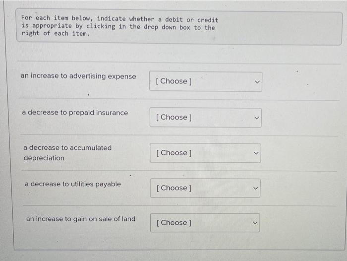  For each item below, indicate whether a debit or credit is