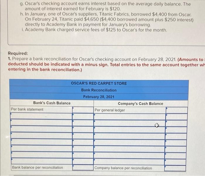 checking account with Academy Bank. Oscar's sells carpet each day but makes