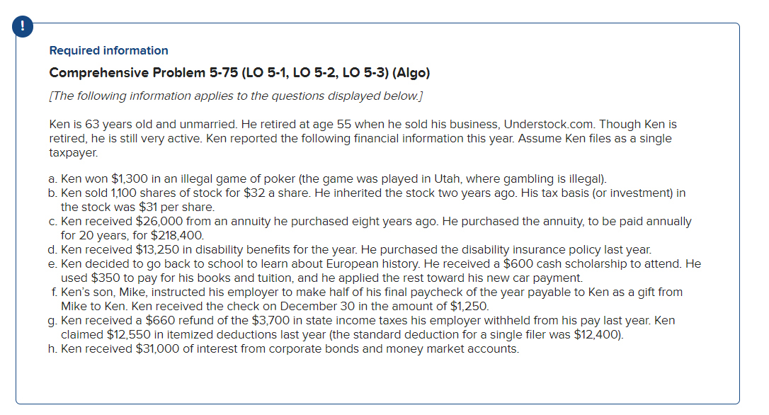 Required information Comprehensive Problem 5-75 (LO 5-1, LO 5-2, LO 5-3)