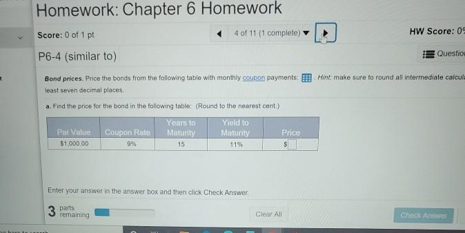 the bond in the following table. (Round to the nearest cent.) Par
