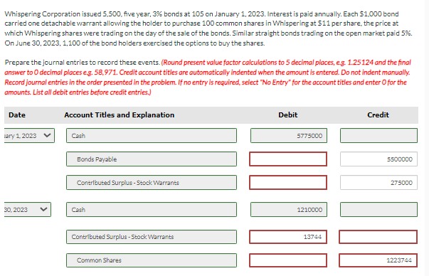  Whispering Corporation issued 5,500, five year, 3% bonds at 105 on
