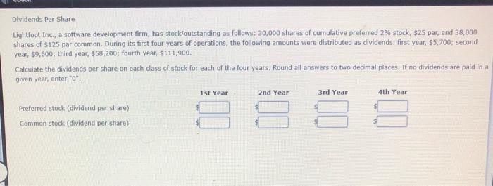  12.2 Dividends Per Share Lightfoot Inc, a software development firm, has