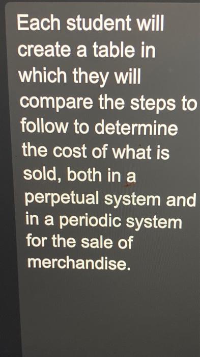  Each student will create a table in which they will compare