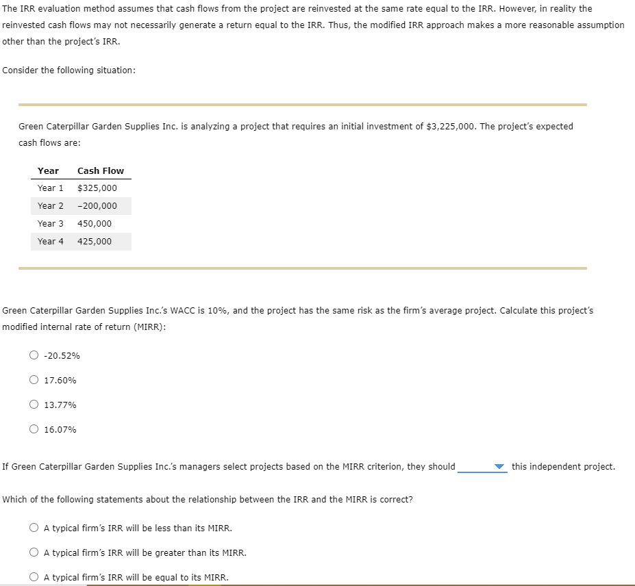  The IRR evaluation method assumes that cash flows from the project