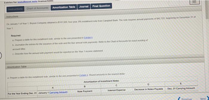  Entries for installment note transactions Journal Amortization Table Final Question Instructions