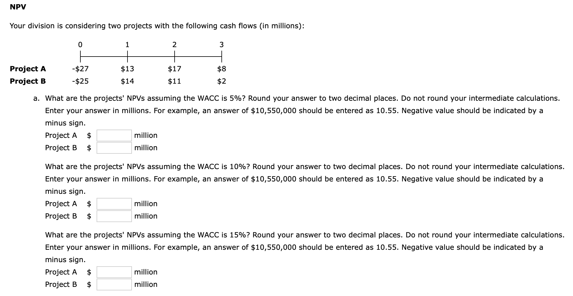 NPV Your division is considering two projects with the following cash