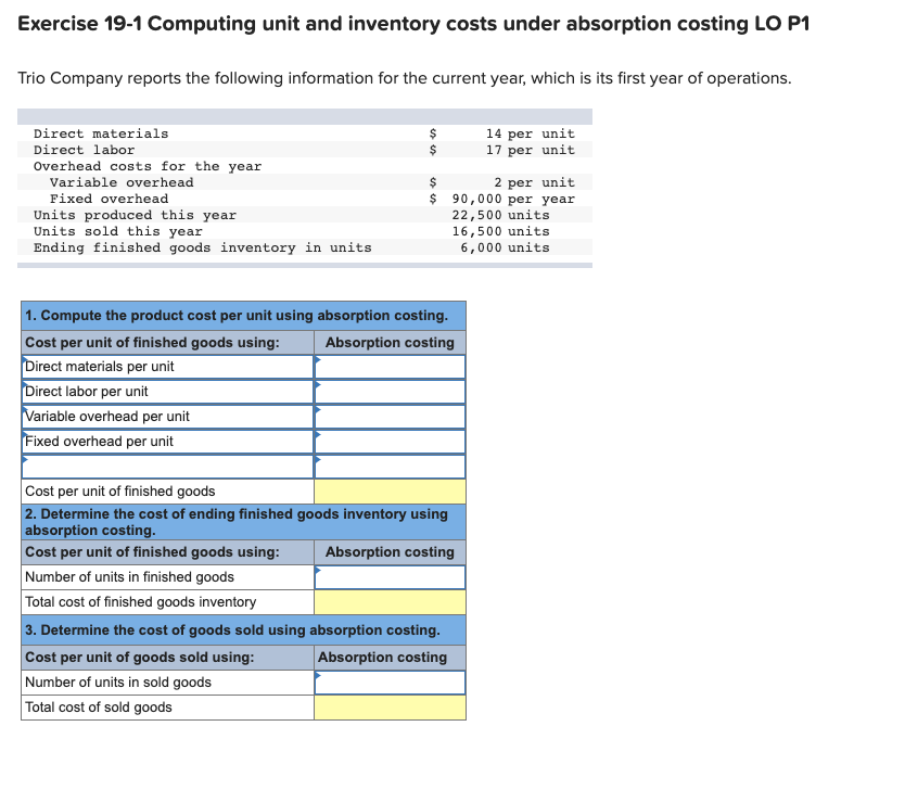  Exercise 19-1 Computing unit and inventory costs under absorption costing LO