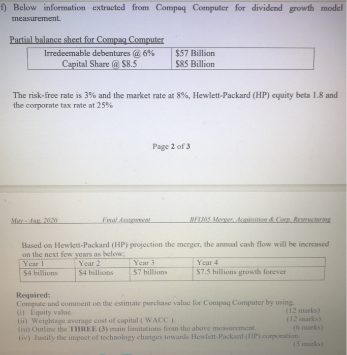  f) Below information extracted from Compaq Computer for dividend growth model