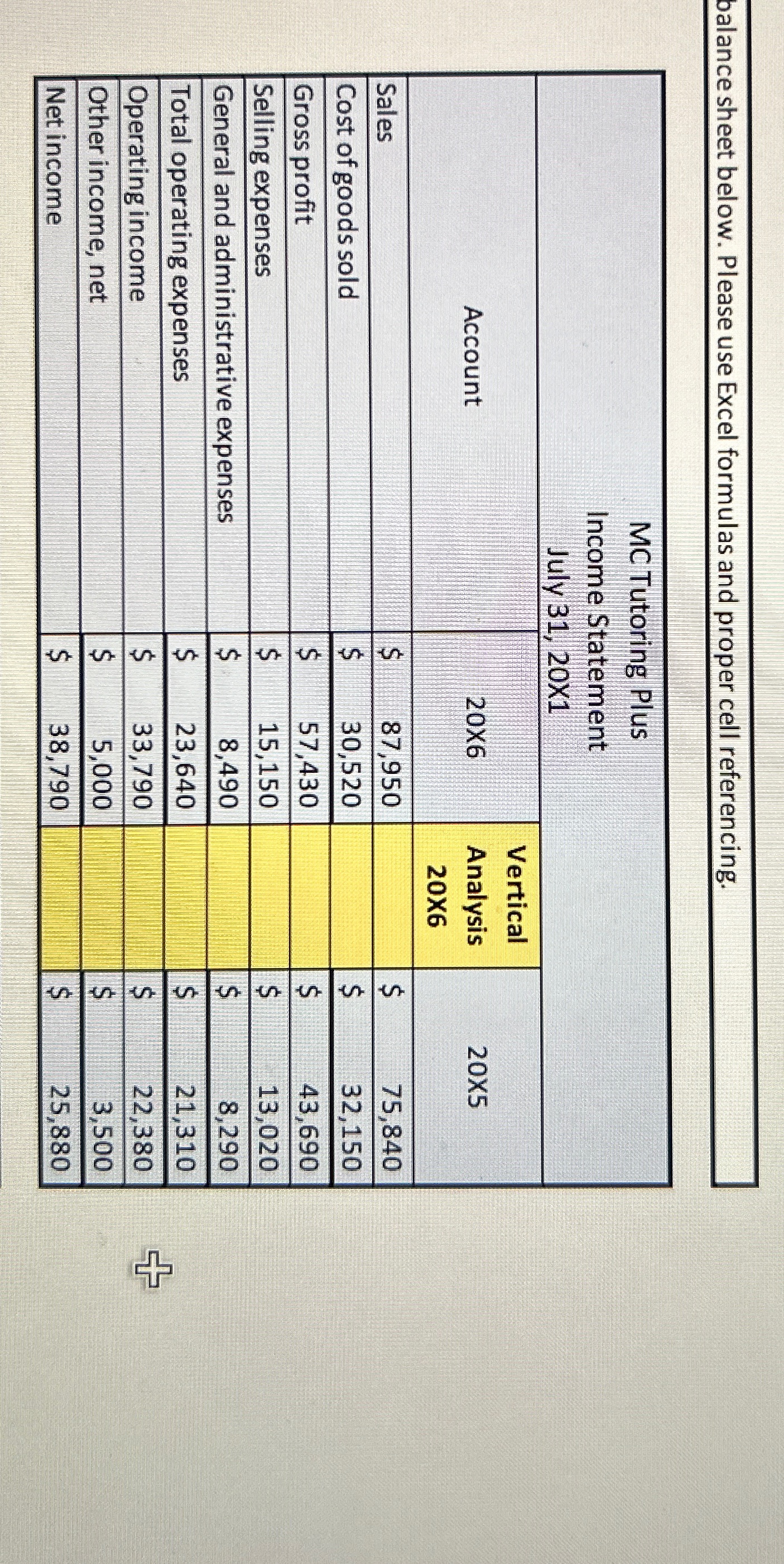  balance sheet below. Please use Excel formulas and proper cell referencing.