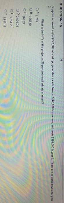  QUESTION 15 Suppose a project costs $222,000 at start up, generates