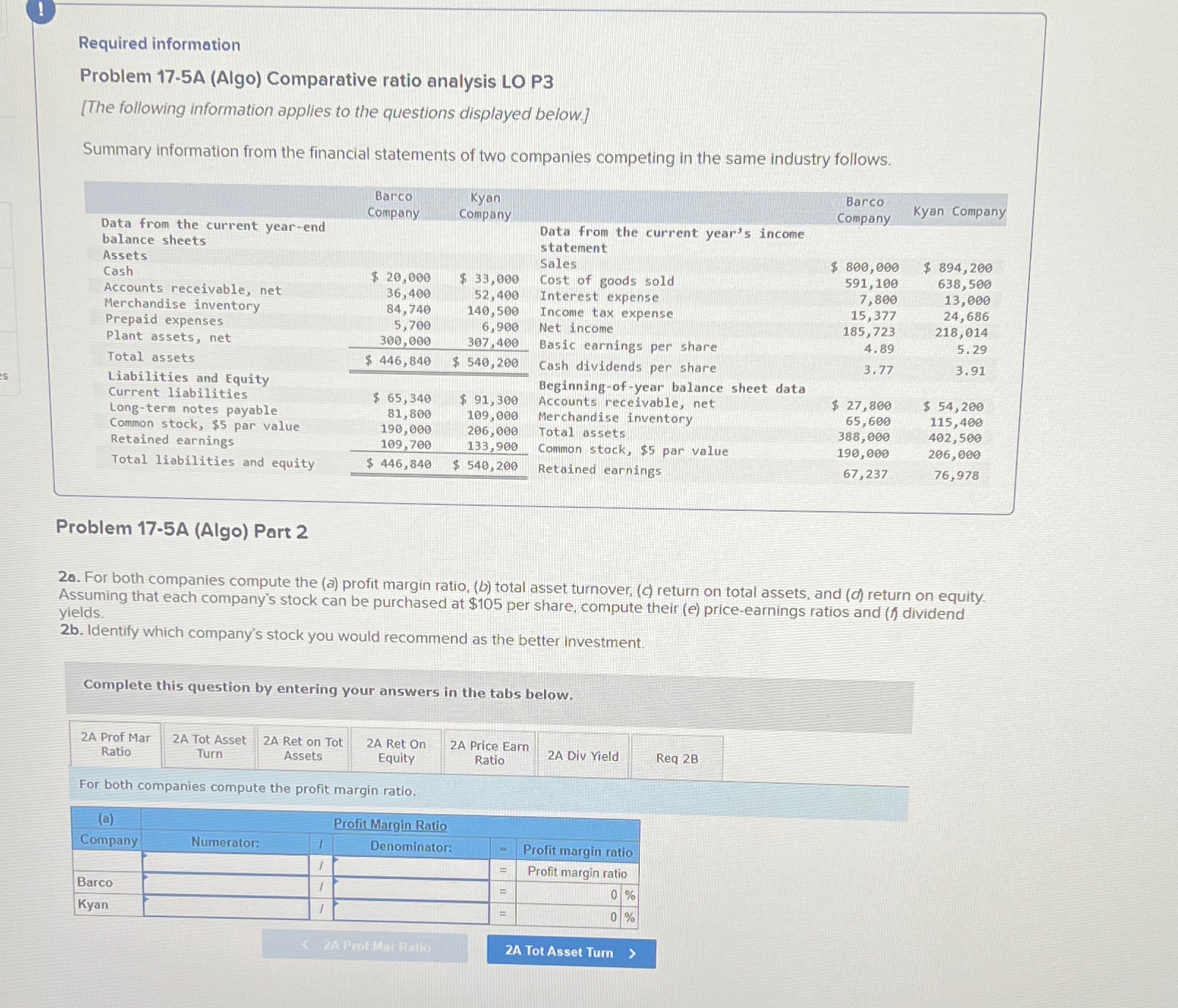  Required information Problem 17-5A (Algo) Comparative ratio analysis LO P3 [The