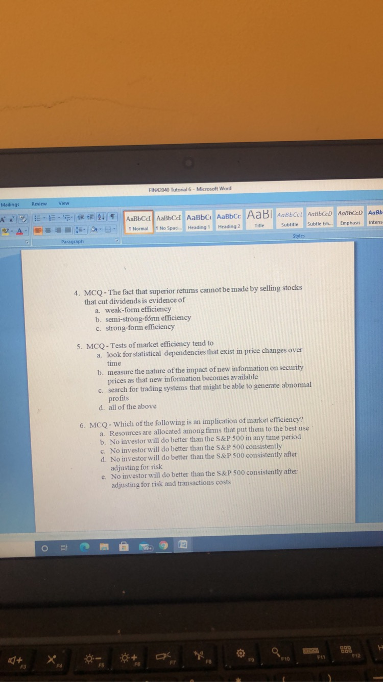  please answer these 3 short questions FINA2040 Tutorial 6 - Microsoft