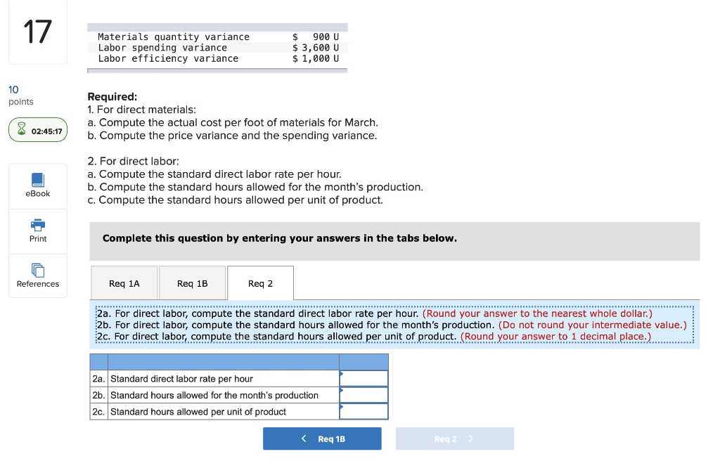 Quantity Standard Price Standard or Hours or Rate Cost 3 feet $5